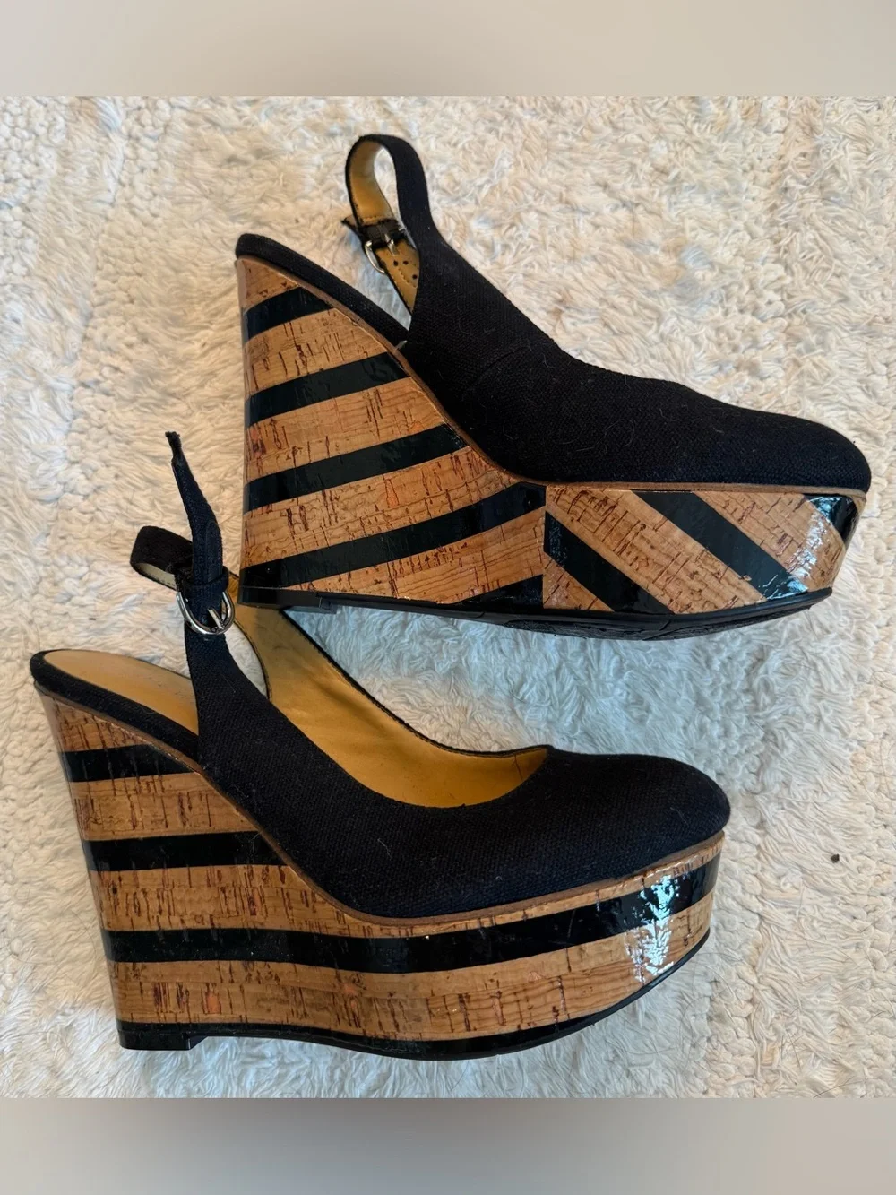 Nine West Black Fabric Slingback Wedges with Cork Stripe Platform